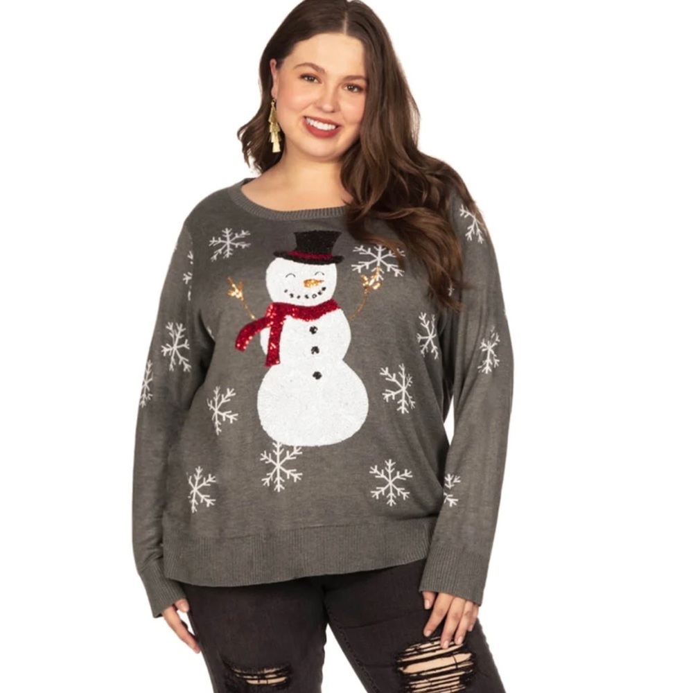 Tipsy Elves Women’s Sequin Snowman Snowflake Xmas Scoop Neck Gray Sweater Sz 3X